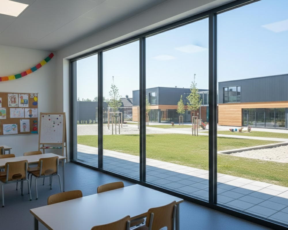 Klaslokaal van binnen naar buiten modulair