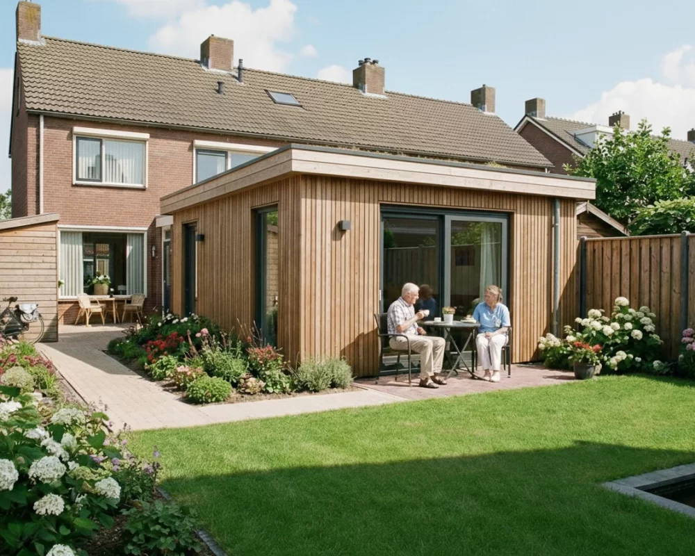 Mantelzorgwoning in achtertuin met houten gevelbekleding