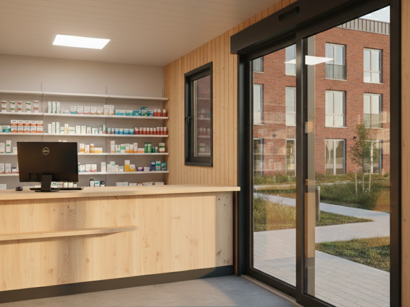 Prefab apotheek naast permanente bouw